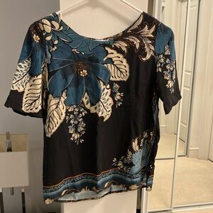 EUC Farm Rio Floral dark blue, sky blue, orange, and white Women's Top - S